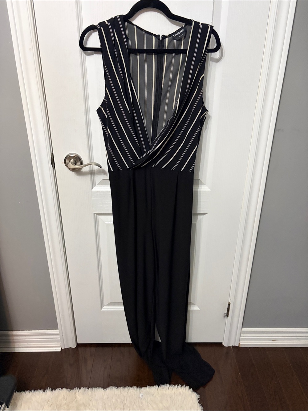 bebe Black Striped V-Neck Jumpsuit